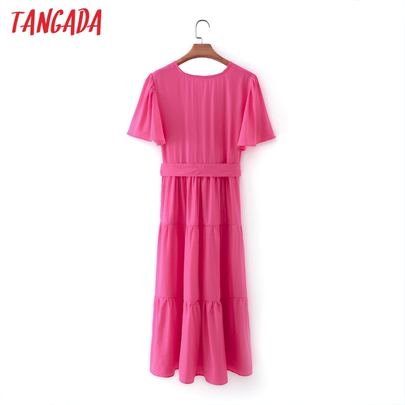 Summer Women French Style pink Elegant Slash Short Sleeve Ladies Midi Dress Vestidos 2M140 210416