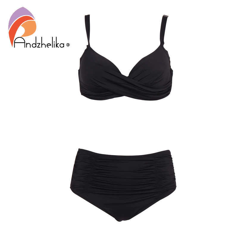 Andzhelika Bikinis Women Solid Fold Swimsuit High Waist Set Summer Sexy Plus Size Swimwear Bathing Suit Biquini 210611