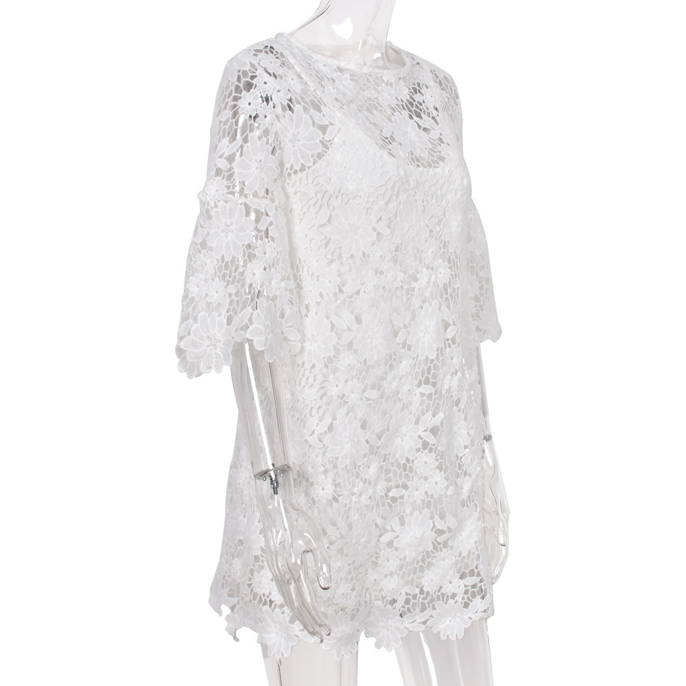 Women Hollow Out Lace Flared Sleeve Ruffles Dress Spring Summer Casual White Loose Two Pieces Mini Dresses Party Vestidos 210409