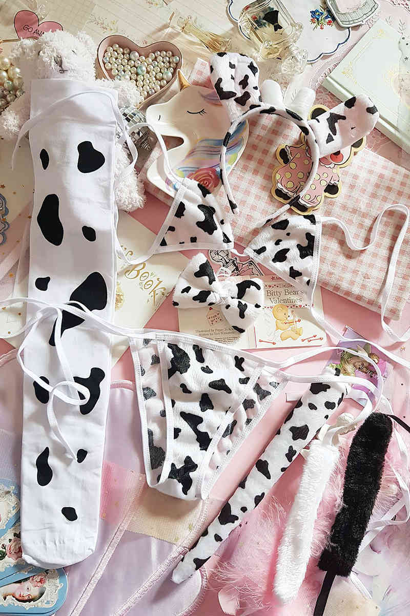 Japanese Underwear Anime Cos Flannel Cute Sexy Cow Lace Up Bandage Bikini Bra Set Womens Cosplay Lolita Kawaii Bra and Panty Set L0407