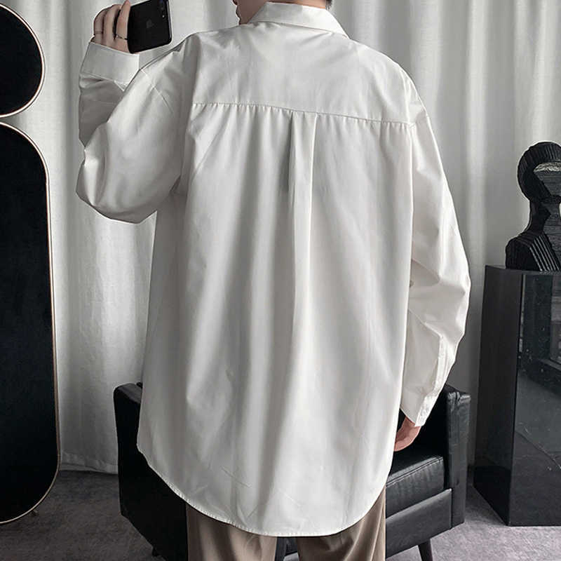 Sping Autumn Korean Fashion Mens Shirts Daily Casual Loose Button Down Cooton Long Sleeve Black Khaki White Shirts 4XL 5XL 210528