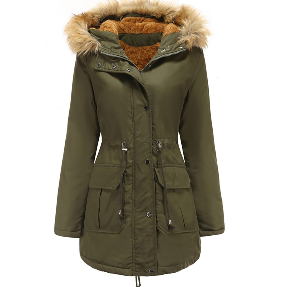 Ladies Cotton Liner Parker Parka Fashion Fur Hat Winter Jacket Women Medium Long Causal Solid Hooded Parka Coat 210515