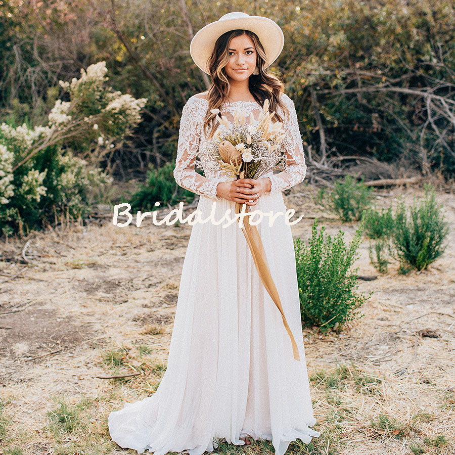 White Chiffon Country Wedding Dress With Lace Long Sleeve Plus Size Boho Wedding Dresses Jewel Neckling Women Bridal Gowns Robe De Mariée Beach Bohemi