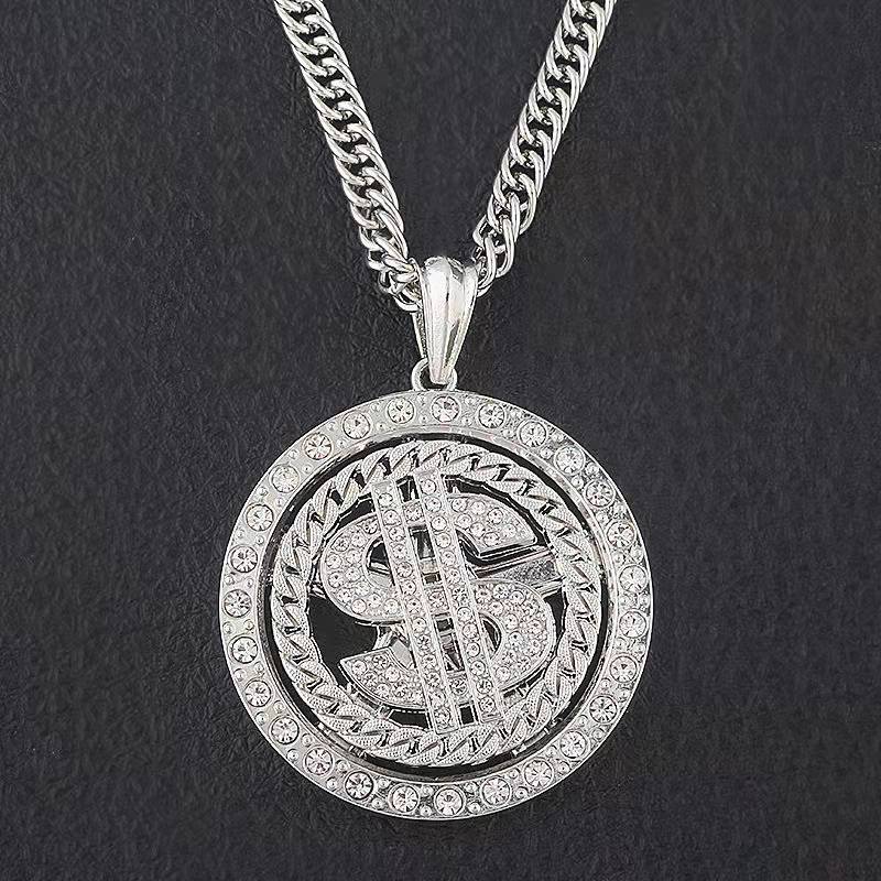 Hip Hop Rotatable Money US Dollar Symbol Necklace Long Chain Bling Bling Gold Silver Plated Austrian Crystal Diamond Dollar Sign Necklace for Men Wome