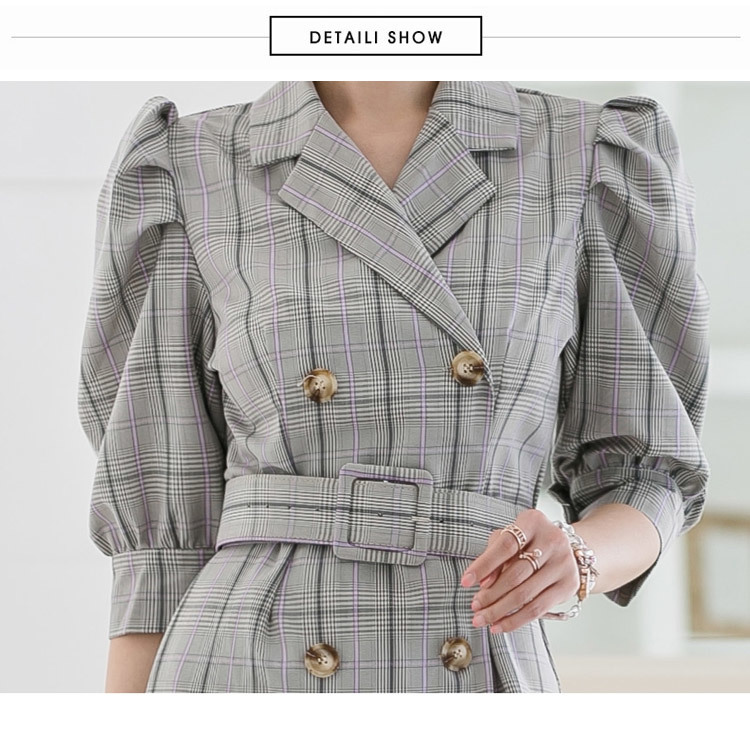 Korean Women Fashion Elegant Double Breasted Gray Plaid OL Style Midi Dress High Quality Ruffles Fishtail With Belt 210519