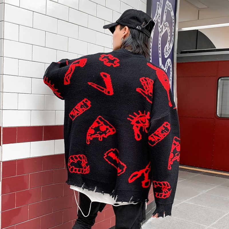 Autumn Winter Ripped Hole Punk Hip Hop Sweater Men's Red Green Color Pullover Korean Style Graffiti Jersey Hombre 211018