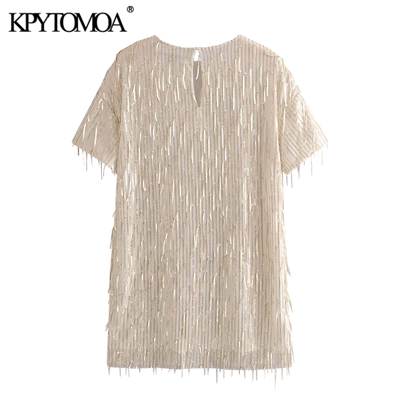 Women Chic Fashion Sequins Tassel Mini Dress O Neck Short Sleeve Female Dresses Vestidos Mujer 210420