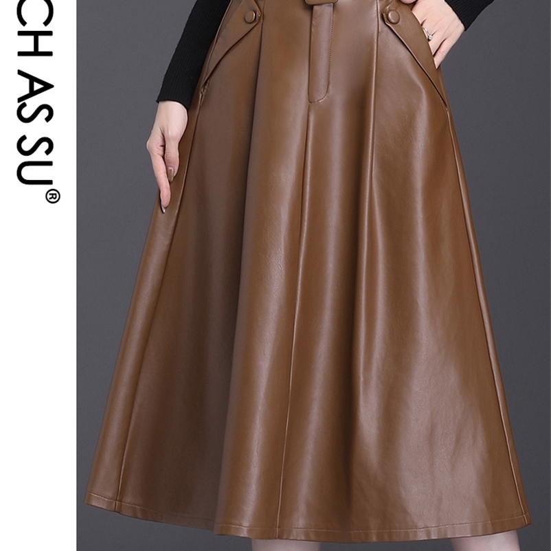 SUCH AS SU 4 Colors Available Autumn Winter Arrival Ladies Skirts Pockets Pleated High Waist Leather Plus Size Women 210621