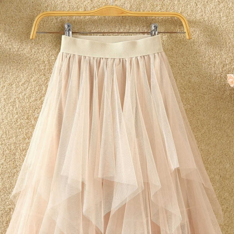 Tulle Skirts Faldas Mujer Moda Fashion Elastic High Waist Mesh Tutu Maxi Pleated Long Midi Saias Jupe Women's Skirt 210621