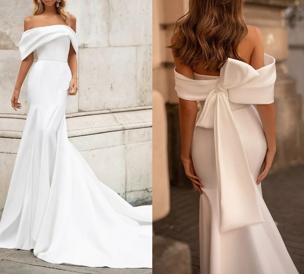 2022 Bridal Gown Trumpet Wedding Dress Off Shoulder Court Train Satin Short Sleeve Romantic Plus Size Modern with Bow Vestido De Noiva Robe De Mariage