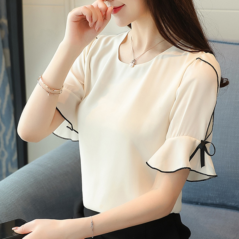 Fashion Chiffon Women Blouse Shirt Bow Short Sleeve Sweet Women's Clothing Pink O-neck Summer Feminine Tops Blusas D621 30 210508