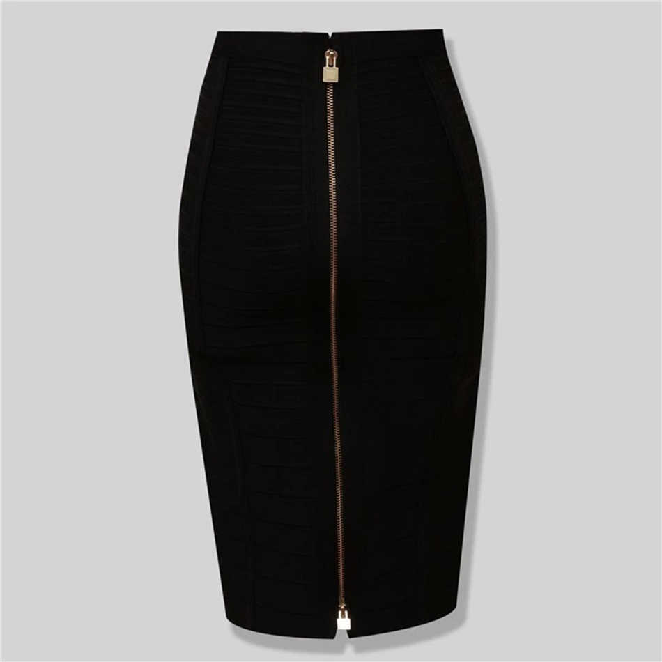High Quality Women's Sexy Black Red Blue Orange Zipper Rayon Bandage Skirt Bodycon Club Party Pencil 210619