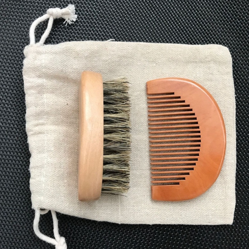 3 in 1 kits 8x4x3cm Mini Wood Bristles Beard Brush aftershave Men wooden brushes + Mustache Comb with pouch
