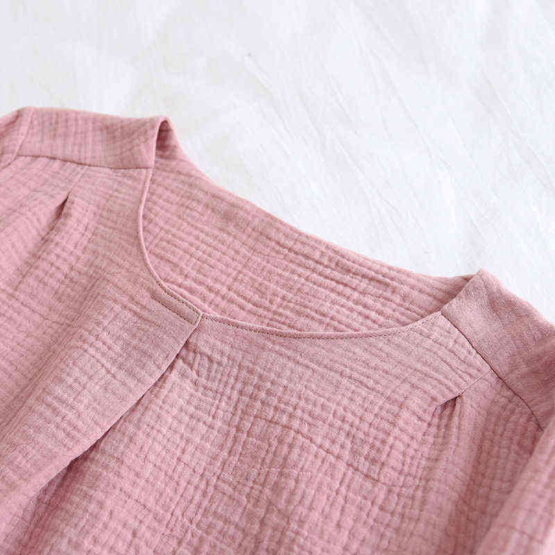 Japanese Simple Spring And Autumn Ladies Pajamas Two-piece Long-sleeved Trousers 100% Cotton Crepe Round Neck Home Service Set 211118