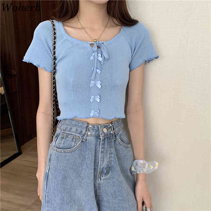Short Sleeve Crop Top Women Thin Knitwear T-shirt Korean Chic Bow Bandage T Shirts Loose All Match Stylish Tee Tops 210422