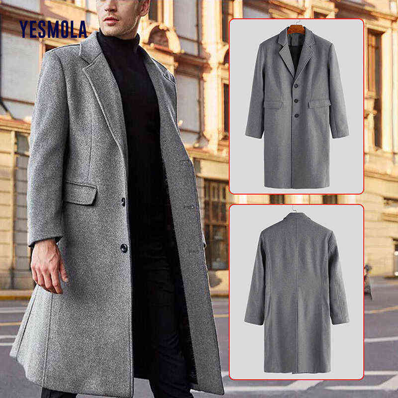 YESMOLA Autumn Winter Mens Coat Solid Long Sleeve Woolen Jackets Fleece Men Overcoat Streetwear Fashion Long Trench Outerwear 211119