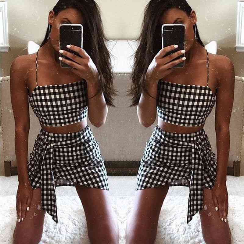 Fashion Women Checkerboard 2 Piece Set Bodycon Skirt Crop Top Off Shoulder Tank Summer Two Gingham Sexy Party 210428