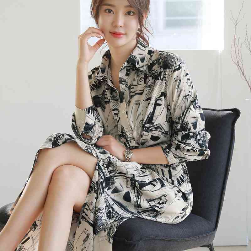 Korea Women Prints Dress Autumn Lapel Long sleeves Waist fold Slim Fashion Chic Streetwear printing Dresses 210506