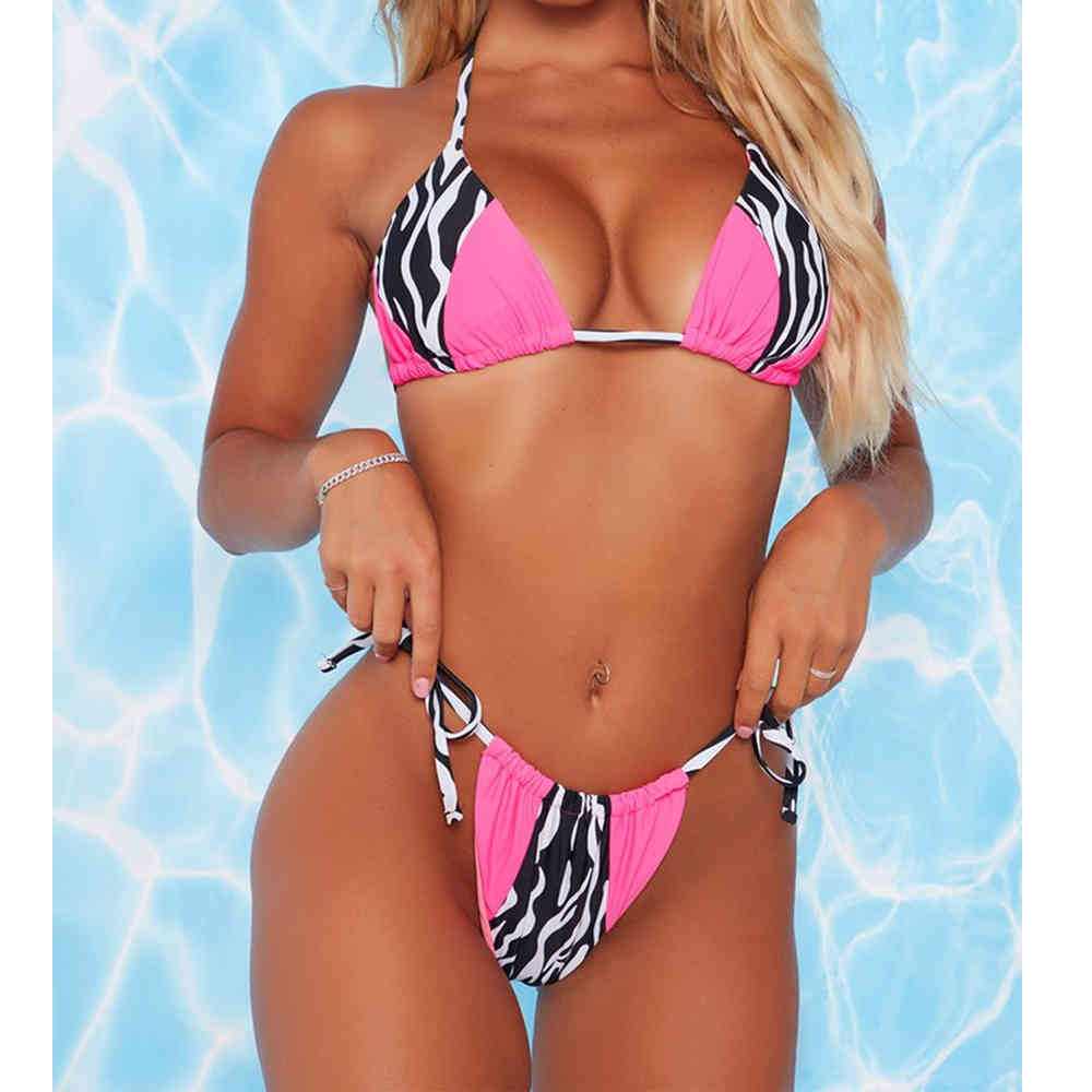 Halter Zebra Print Bikini Ladies Swimwear Women Sexy Swimsuit Female Bathing Suit Summer Beach Wear Micro Set Orange 210520