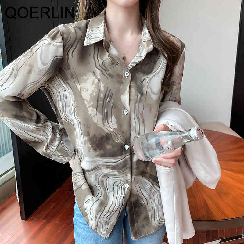 QOELRIN Vintage Ink Print Button Blouses Women Single Breasted Casual Chiffon Top Spring Korean Fashion Elegant Shirts 210412