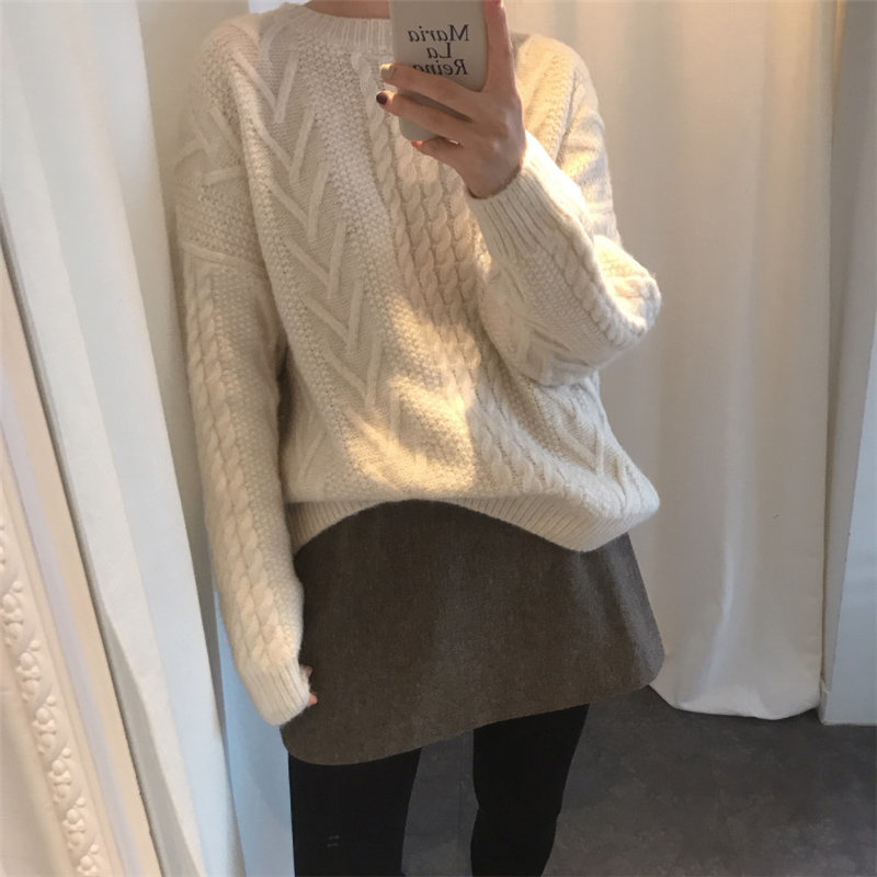 Sweet Beige Women Thicken Lazy Style Warm Large Size Fresh Casual All-Match Loose Basic Pullovers Knitted Sweaters 210421