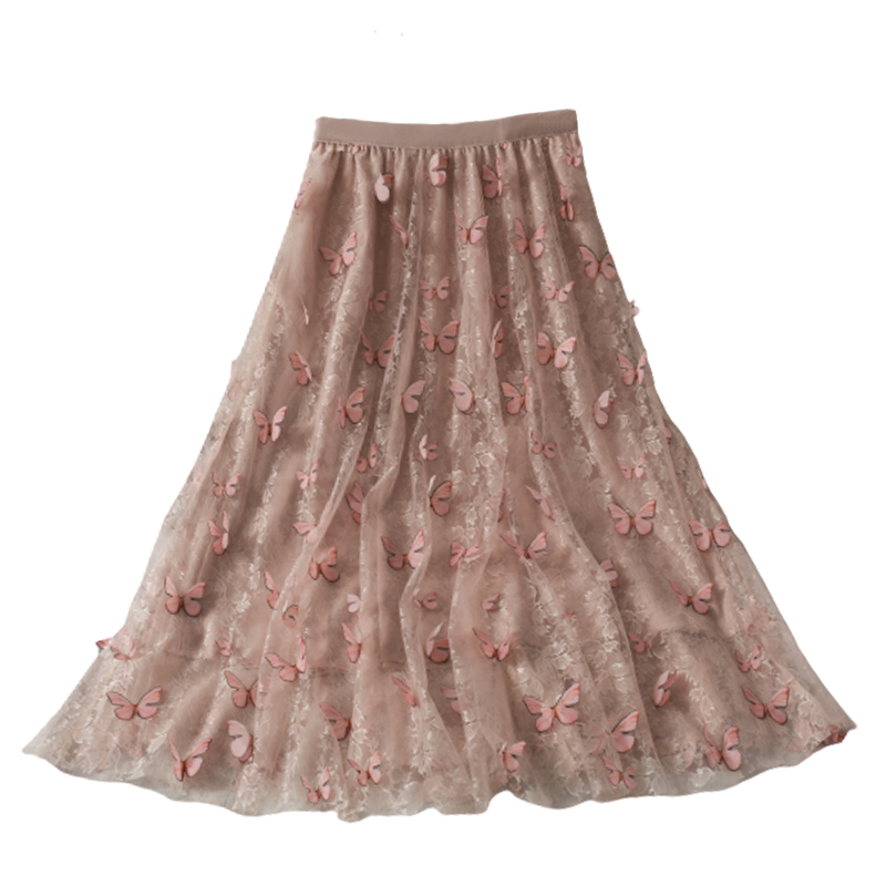 Skirts Womens Elegant Butterfly Patchwork Pleated Mesh Skirt Korean Japanese Kawaii Cute Long Faldas 210519