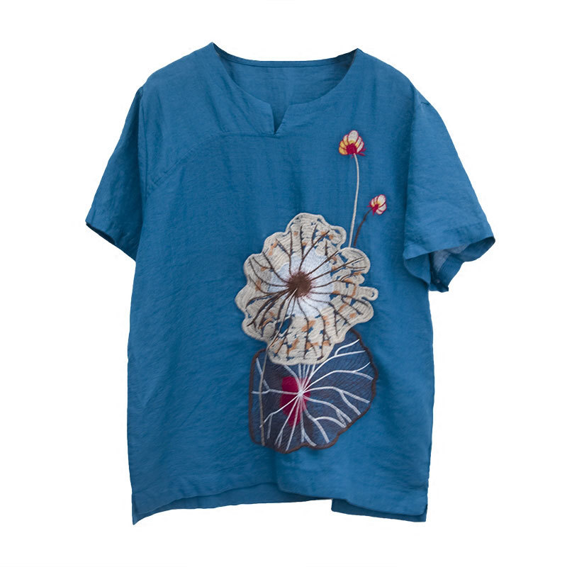 Summer Style Women Tshirt Plus Size Short Sleeve Loose V-neck Tops Cotton Lady Lotus Leaf Embroidery Vintage Tee Shirt HXJ3 210512