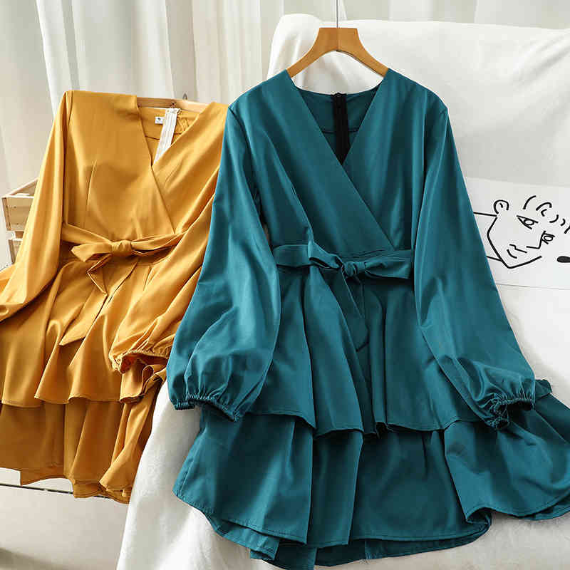 Vintage Women A-line Shirt Dress Autumn Casual High Waist Bow Belted Female Pleated Ruffle Dresses Vestito Da Donna 210519