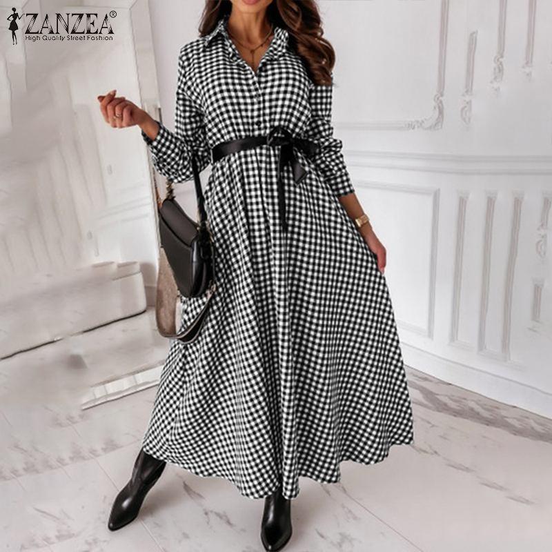 Plaid Print Lapel Robe Holiday Female Belted Dresses Spring Autumn Office Lady Vestido Womens Vintage Maxi Dress Oversize Casual