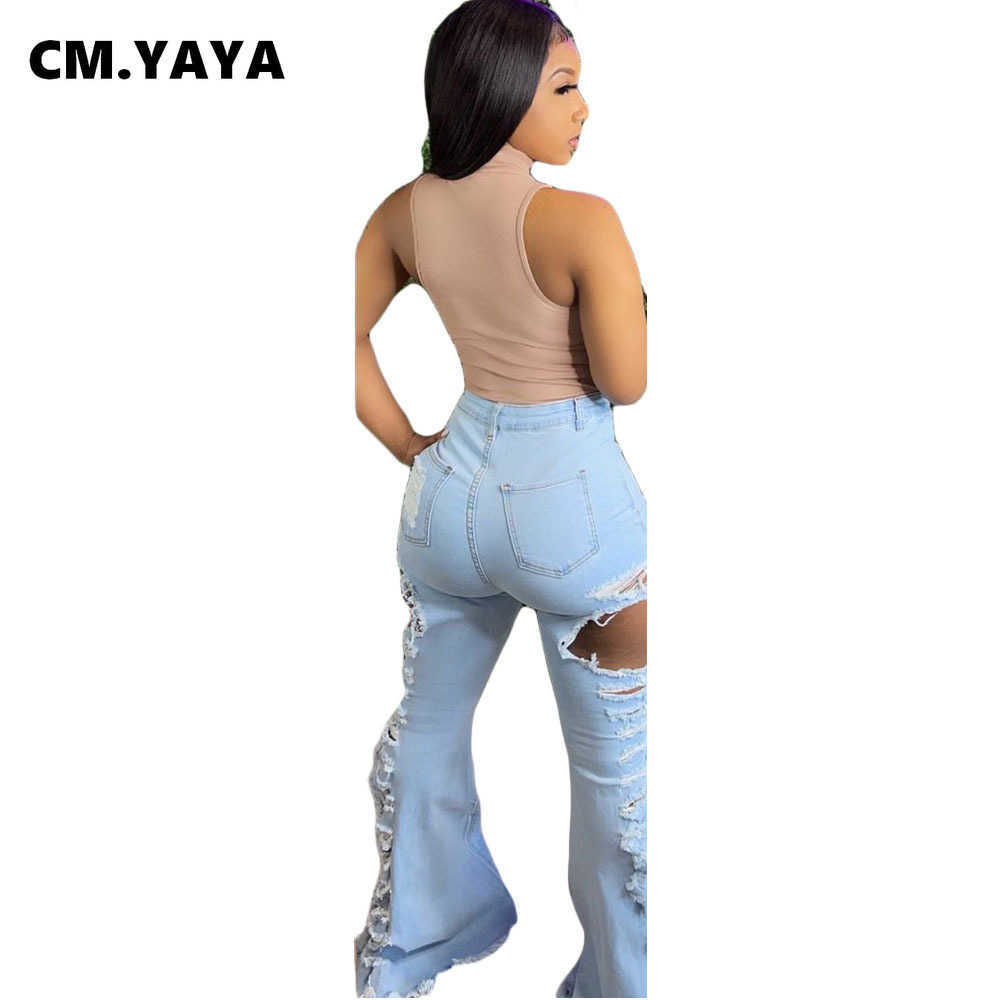 CMYAYA Women Jeans Mid Waist Ripped Elastic Sheath Full Length Denim Flare Pants Female Fashion Casual Trousers Summer 210922