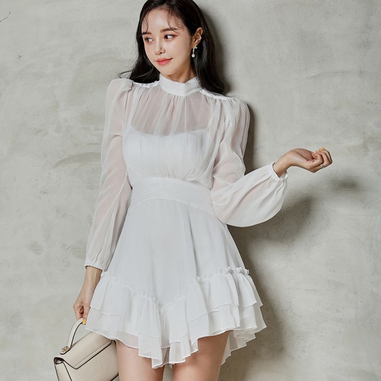 Korea Fashion Chiffon Stand Collar Women Elegant Party Dress Spring Office OL Long Sleeve Ruched Ruffles Mini 210519