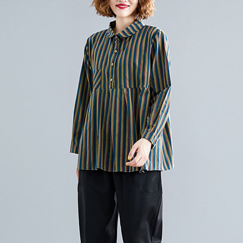 Spring Autumn Arts Style Women Long Sleeve Loose Casual Blouse Cotton Linen Vintage Striped Shirts Plus Size M605 210512