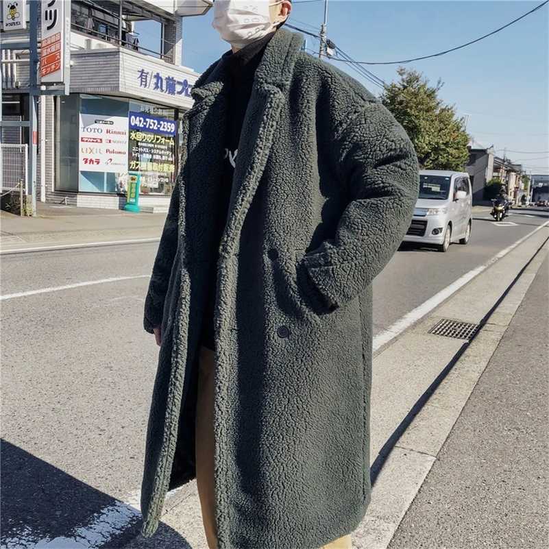 Men Winter Thicken Warm Teddy Bear Coat Long Sleeve Fleece Faux Fur Trench Oversize Outwear Casual Loose Long Plush Overcoat 4XL 211122