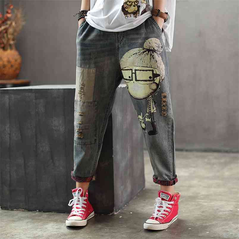 Arrival Spring Korea Fashion Women Elastic Waist Loose Ripped Jeans Cartoon Print Casual Denim Harem Pants Plus Size S666 210512