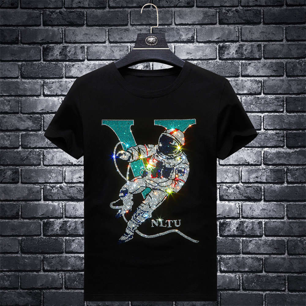 European fashion brand summer men's spirit men's diamond short-sleeved T-shirt trendy slim half-sleeved T-shirt, White