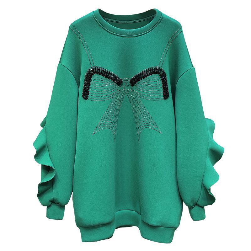 Nomikuma Korean Beads Diamonds Bowknot Pullover Sweatshirt Ruffle Patchwork Long Sleeve Hoodies Autumn Medium-long Jumper 6C726 210427
