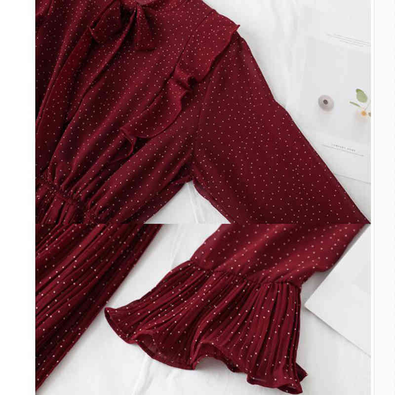 Spring Summer Women Print Pleated Chiffon Dress Fashion Female Casual Flare Sleeve Bow Vintage Basic Dresses 210521