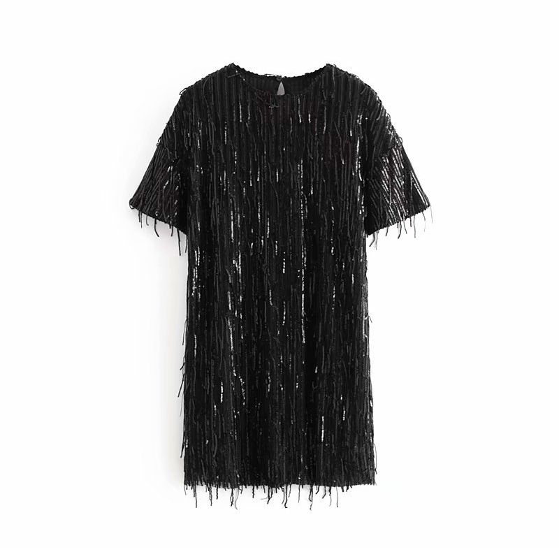 Fashion Women Sequins Short Sleeve Mini Dress Summer Patchwork O Neck Lady Party Dresses Black Green Color Sundresses Ropa Mujer 210515