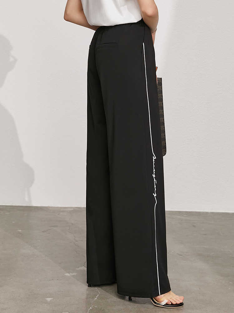 Minimalism Summer Women Pants Fashion Elastic Waist Wide Leg Pant Casual Streetwear Side Stripe Straight Trousers 12140277 210527