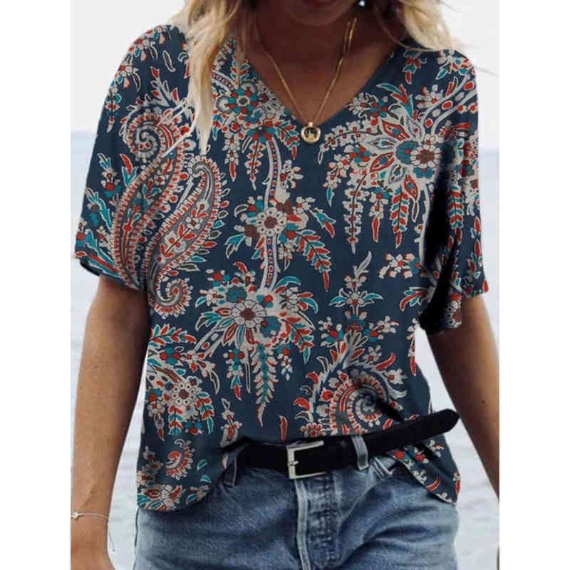 Harajuku Streetwear Tshirts Summer Vintage Printed Tops Women Casual Short Sleeve V-neck Plus Size Tee Shirt Femme Lady Clothes 210406