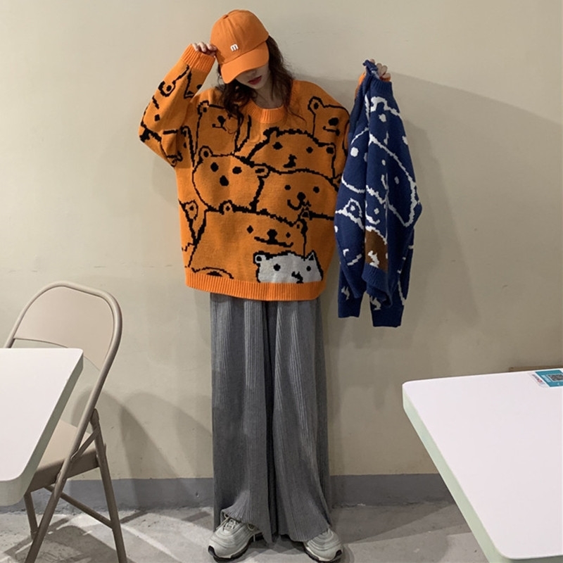 Spring Autumn Cartoon Bear Print Sweater Women Japanse Korean Pullover Kawaii Loose Casual Streetwear Tops 25943 210519