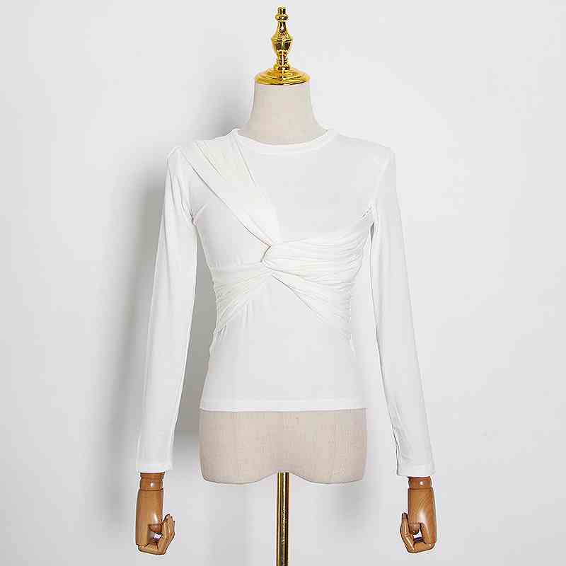TWOTYLE Casual Black T Shirt For Women O Neck Long Sleeve Cross Ruched Slim Knitted Tops Female Fall Fashion 210406
