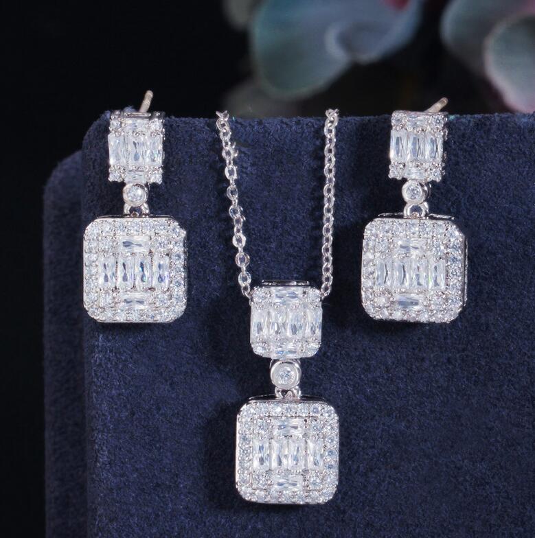Ins Top Sell Luxury Jewelry Set 925 Sterling Silver T Princess Cut White Topaz CZ Diamond Gemstones Party Handmade Women Dangle Earring Clavicle Neckl