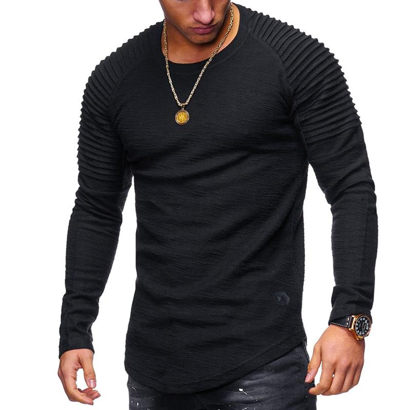 Solid Color Pleated Shirts Patch Long Sleeve Blouse T-Shirt Men Spring Casual Tops Pullovers Fashion Slim Basic Men's T-Shirts