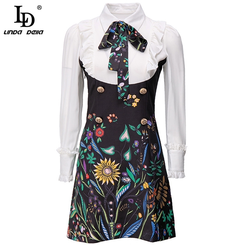 Fashion Runway Summer Mini Dress Women Elegant White Long Sleeve Floral print Ruffles Female Vintage Party 210522