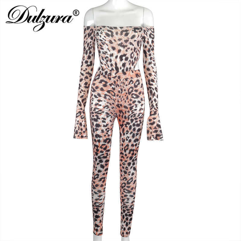 Dulzura leopard women two piece thong bodysuit leggings set long flare sleeve off shoulder elegant bodycon sexy streetwear club Y0625