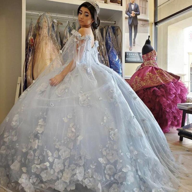 Light Blue Quinceanera Dress with cape wrap 2021 Off Shoulder Flowers Sequins Beads Puffy Party Princess Sweet 16 Gown Vestidos De 15 Años