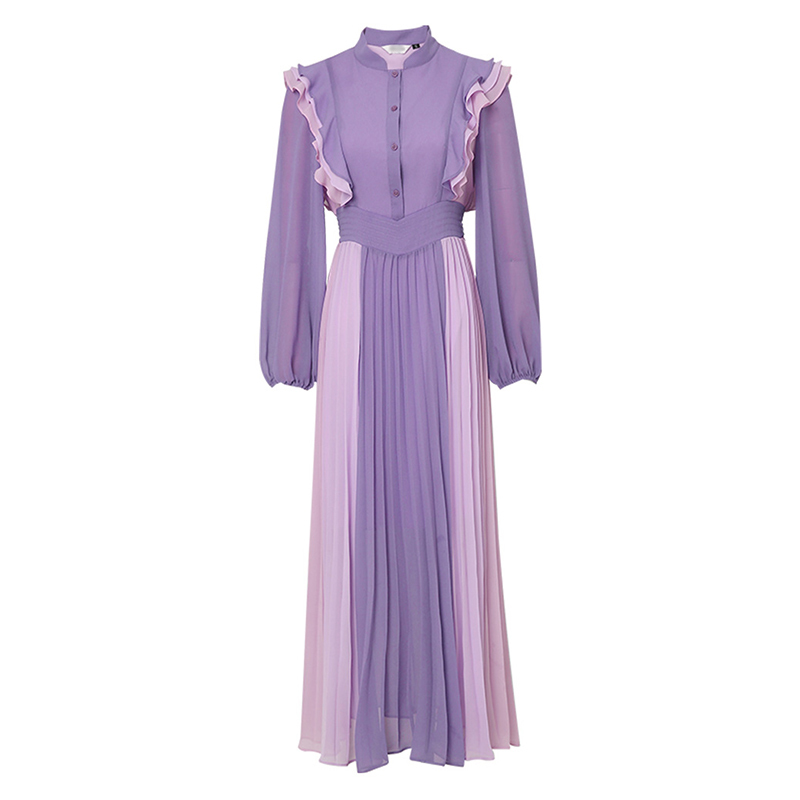 VGH Purple Elegant Dress For Women Stand Collar Lantern Long Sleeve High Waist Midi Pleated Dresses Female Korean Spring Fashion 210421