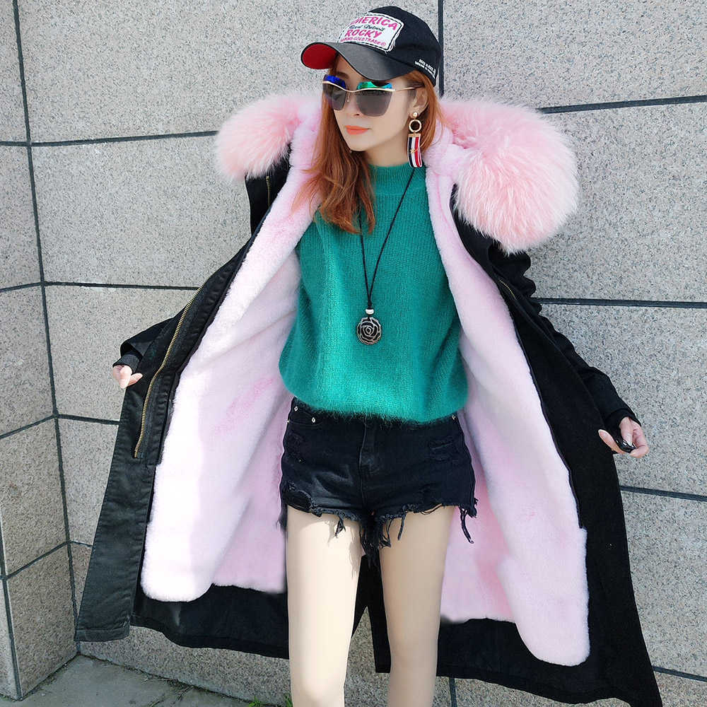 Winter , female long coat, warm long black waterproof park with movable natural fur 211019