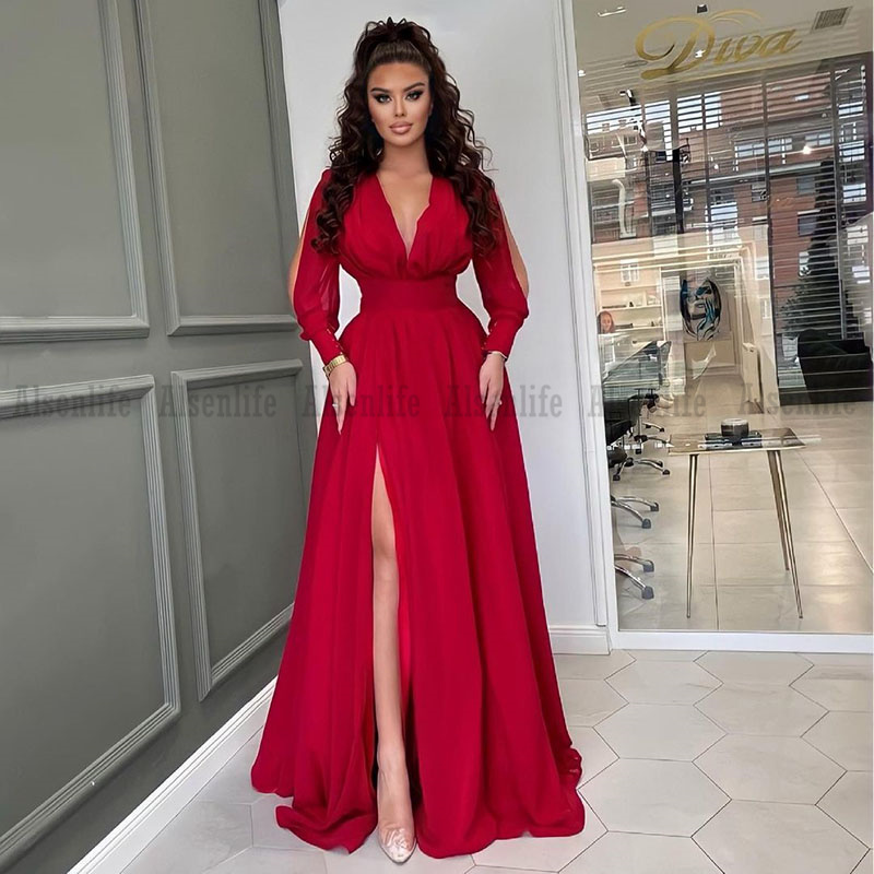 Modern Red A-line Prom Dresses Long Sleeves V neck Floral Formal Party Gowns Side Split Bridal Guest Dress Custom Made
